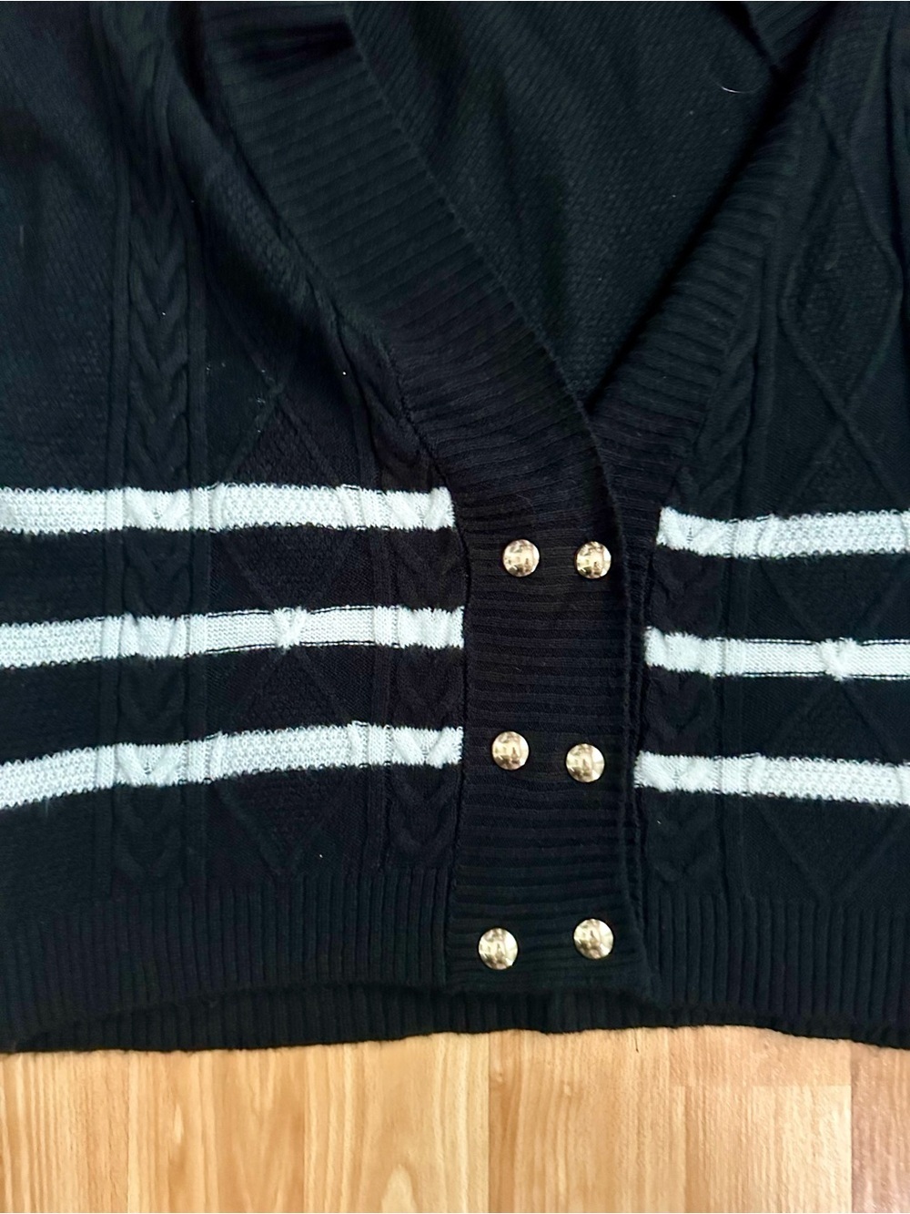 Maeve Anthropologie Black Knit Cardigan Vest with White Stripes and Gold Buttons - Picture 3 of 4